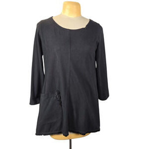 Kleen Women's Black Cotton Tunic Top M Lagenlook Boho Hippie Asymmetric Pocket